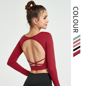 New Design Custom Logo Nylon Backless Sports Running Tank Tops Lightweight Crew Neck Long Sleeve Crop Tops For Pilates Yoga