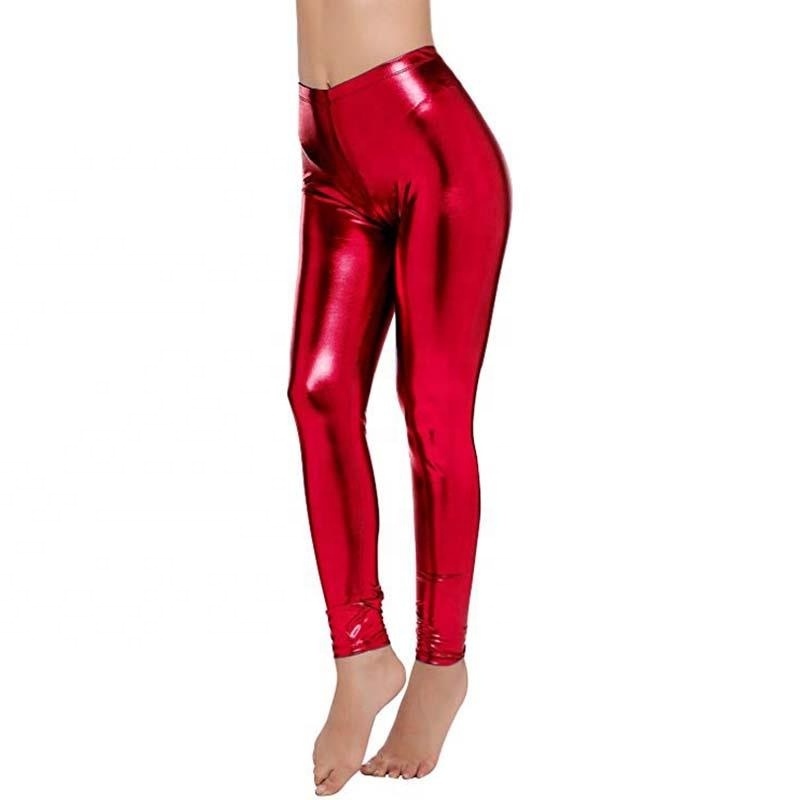 Women Sexy Spandex Leather  Leggings Pics High Waist Red Metallic Yoga Pants