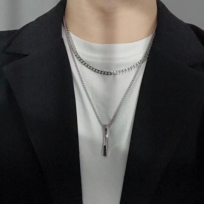 Vnox 3D Vertical Bar Necklaces for Men Layering Stainless Steel Geometric Pendant Wheat Rope Cuban Chain Boy Collar