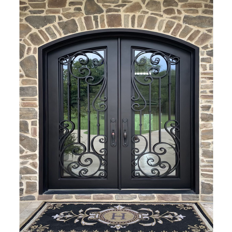 Ikealuminum 2023 iron door in arch nfrc waterproof sound proof iron glass door double iron glass door For house