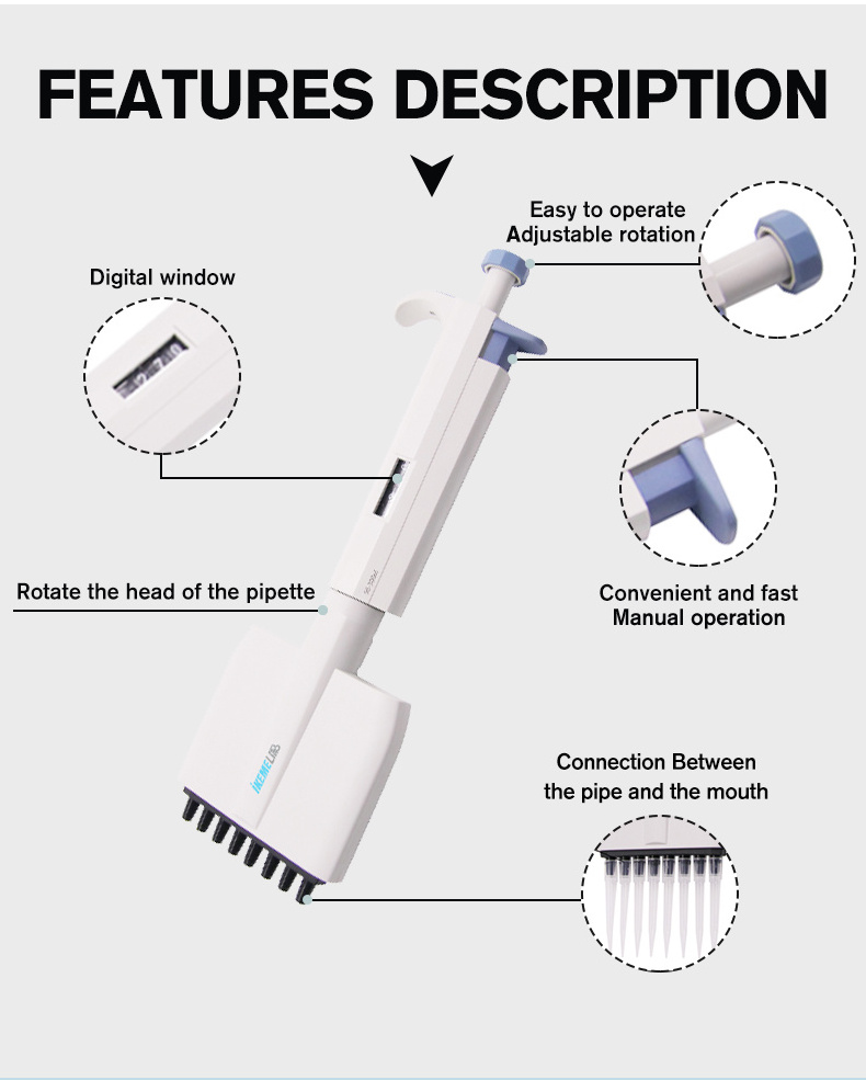 IKEME Lab Multichannel Pipette Adjustable Transferpette Full Autoclavable Pipettor 8-channel Pipette Lab Multichannel Pipett