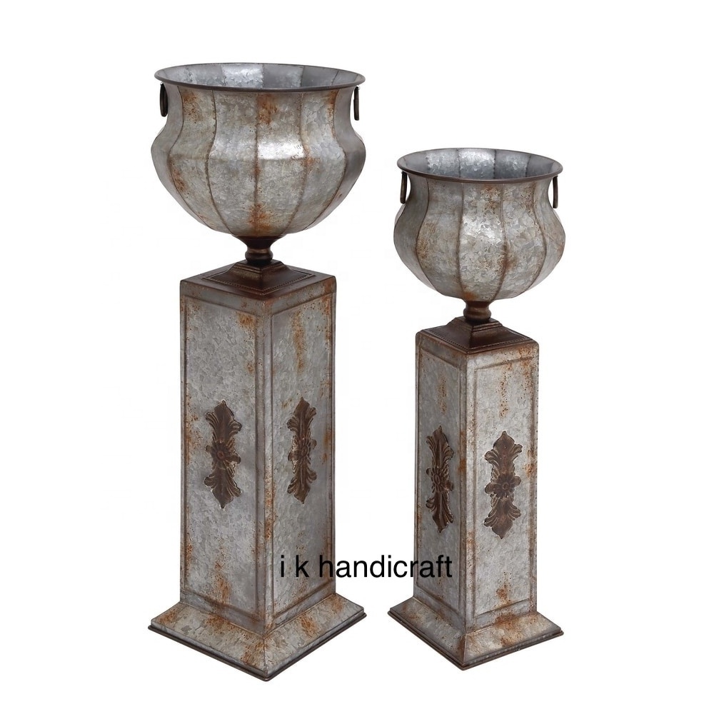 Wholesale Set of Rustic 34 and 40 Inch Iron Pedestal Urn Planters Available at Wholesale Price from Indian Exporter