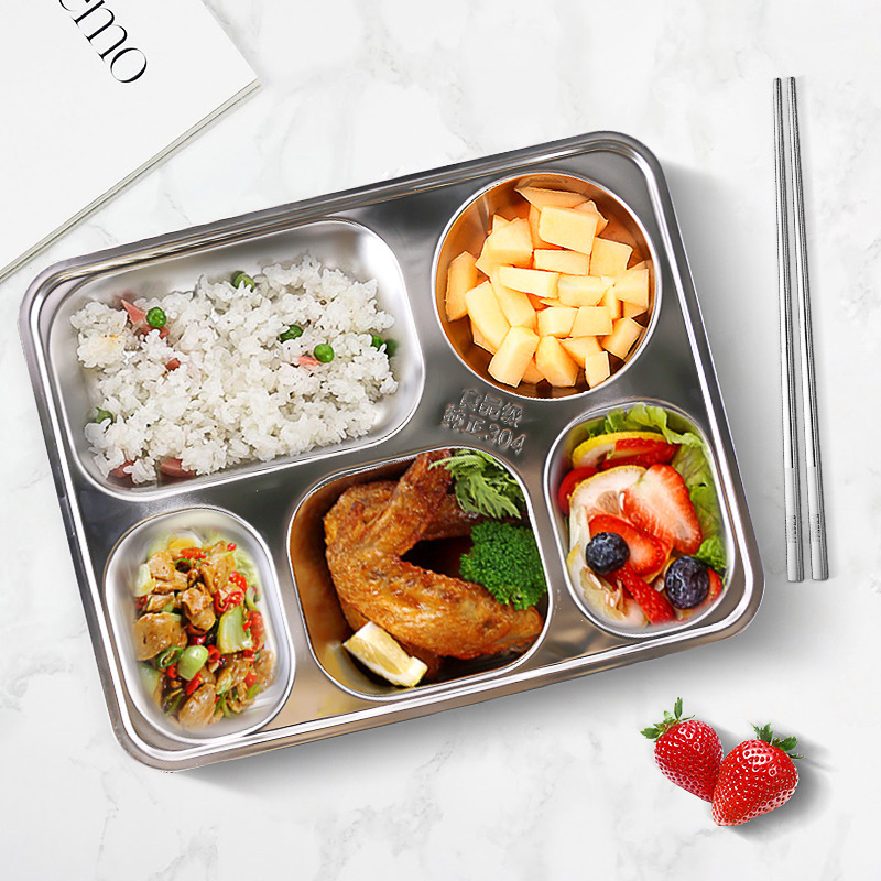 IKITCHEN 4 5 Compartment 18/8 Stainless Steel Plates Divide Food Lunch Plates Fast Food Box Container Tray For School