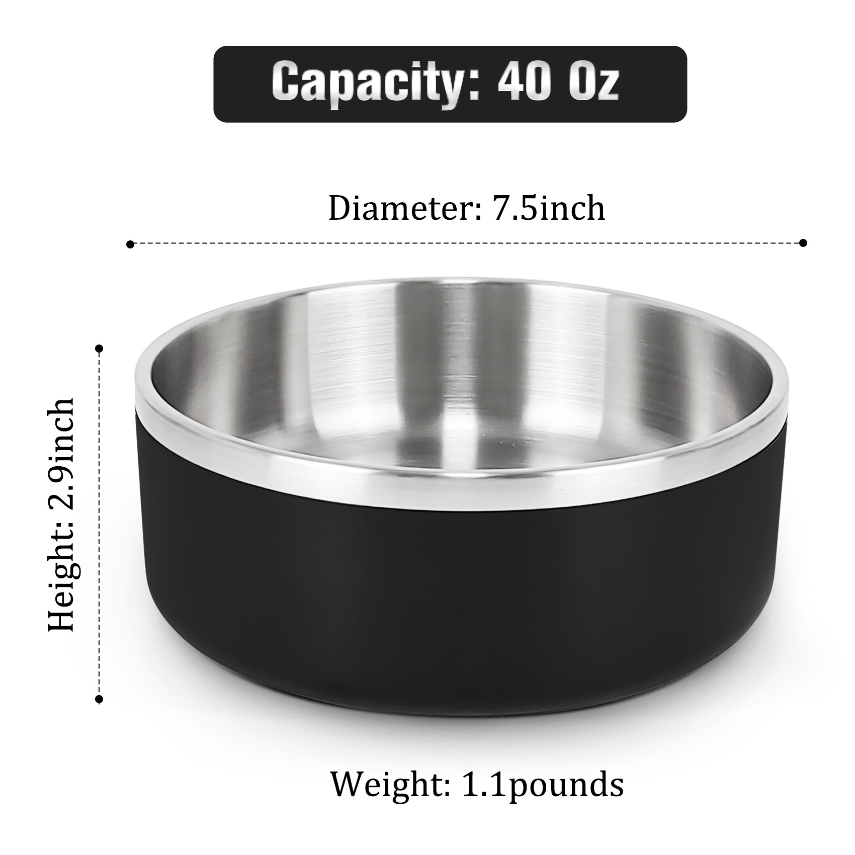 Premium Dog Water Bowl Medium Large Dogs 64oz Large Heavy Dog Bowls Stainless Steel Insulated Black Pet Bowl