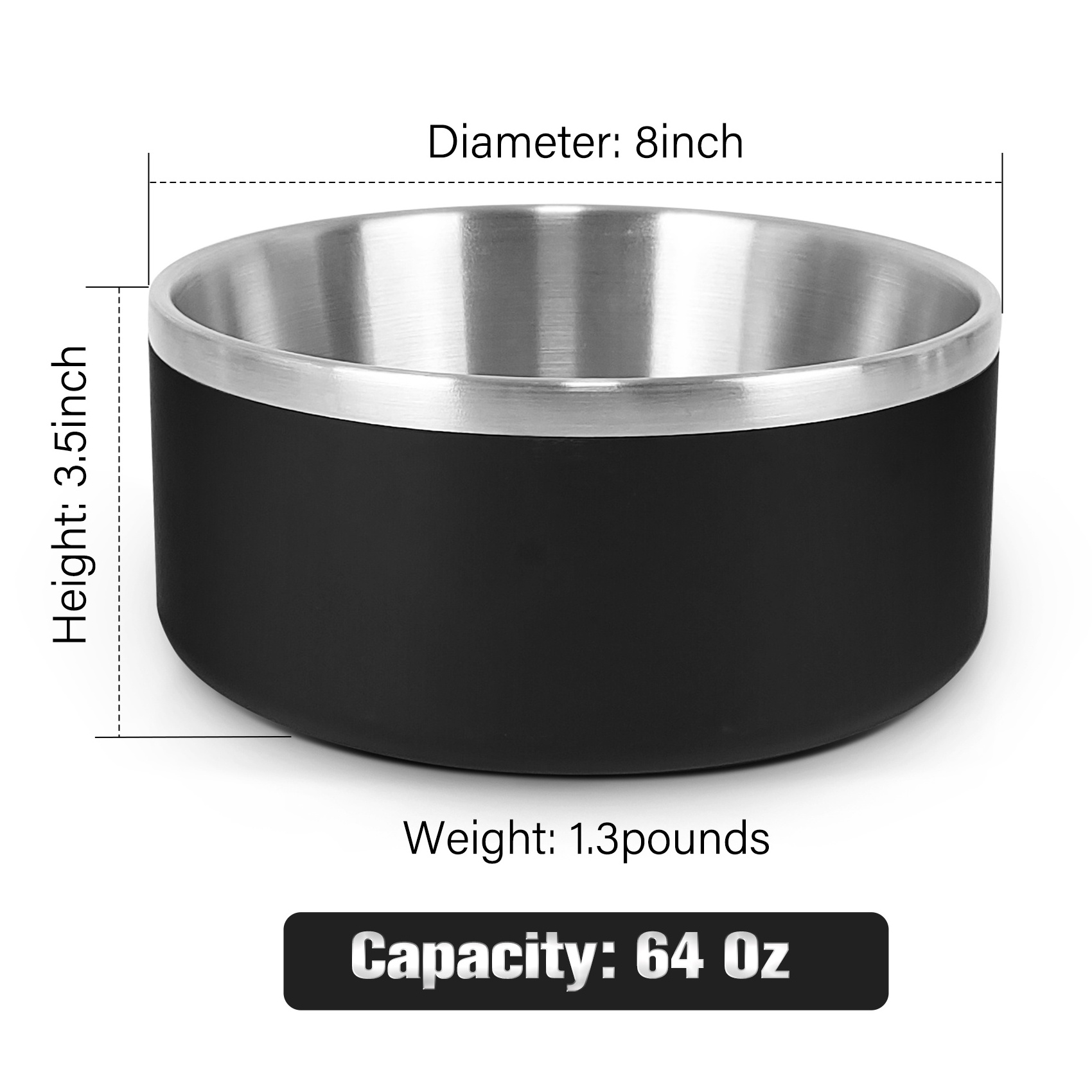 Premium Dog Water Bowl Medium Large Dogs 64oz Large Heavy Dog Bowls Stainless Steel Insulated Black Pet Bowl