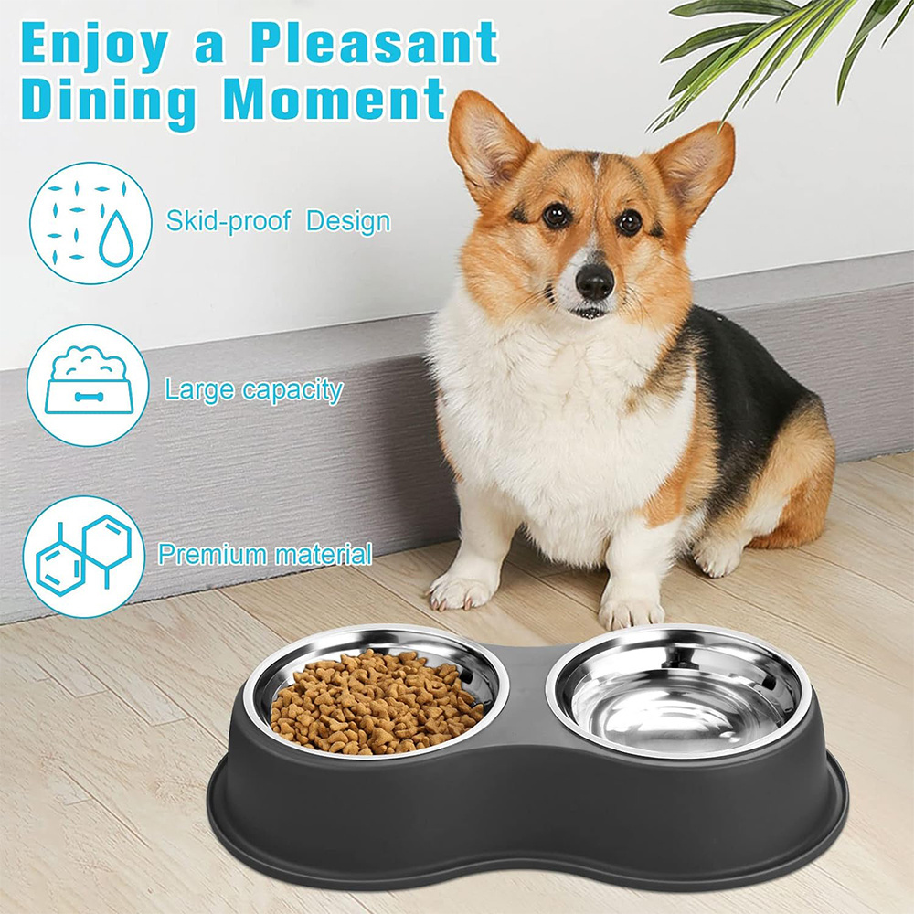 Stainless Steel Dog Bowls Double Dog Water and Food Bowls with Non-Slip Resin Station Pet Feeder Bowls Puppy Medium Dogs Cats