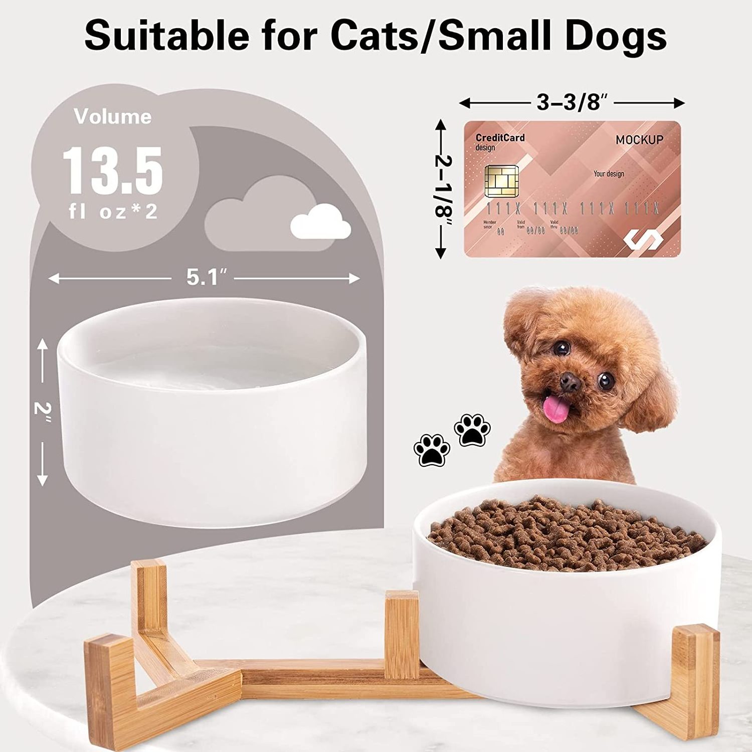 IKITCHEN Raised Dog Food Water Bowl Set Puppy Ceramic Dog Bowl with Wood Stand Non-Slip White Pet Bowls Dog and Cat