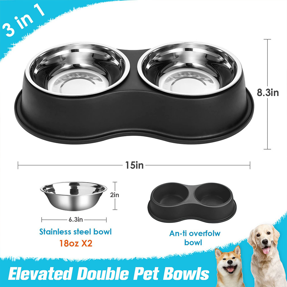 Stainless Steel Dog Bowls Double Dog Water and Food Bowls with Non-Slip Resin Station Pet Feeder Bowls Puppy Medium Dogs Cats