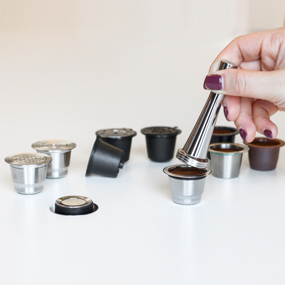 2023 Hot Sale Empty Stainless Steel Reusable Coffee Capsules Filter Set One Brush Spoon Capsule Coffee