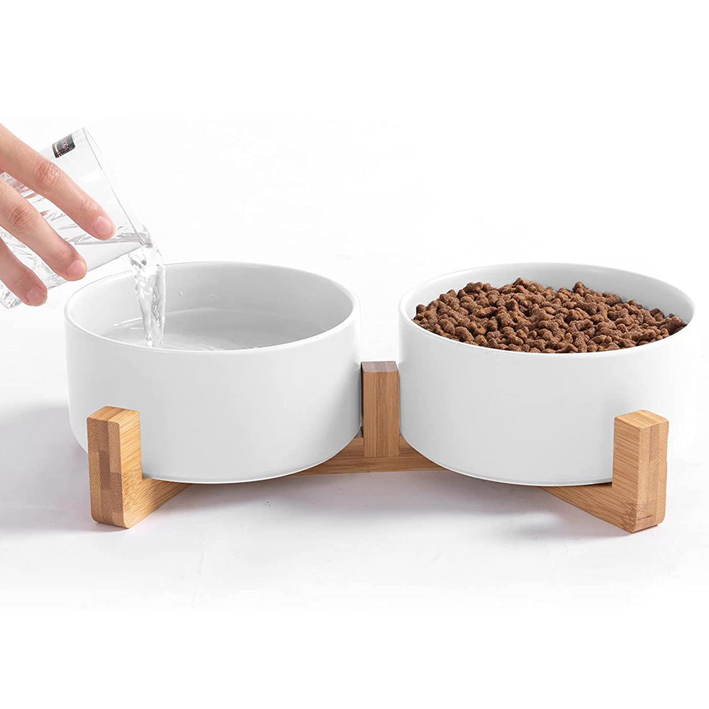 IKITCHEN Raised Dog Food Water Bowl Set Puppy Ceramic Dog Bowl with Wood Stand Non-Slip White Pet Bowls Dog and Cat