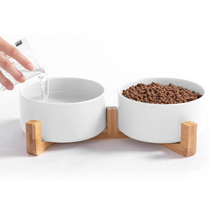 IKITCHEN Raised Dog Food Water Bowl Set Puppy Ceramic Dog Bowl with Wood Stand Non-Slip White Pet Bowls Dog and Cat