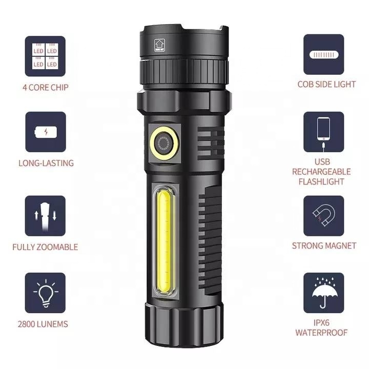 USB type-c Charging Power Display Aluminum Alloy XHP70 Power Telescopic Zoom Outdoor Flashlight with cob Adventure Flashlight