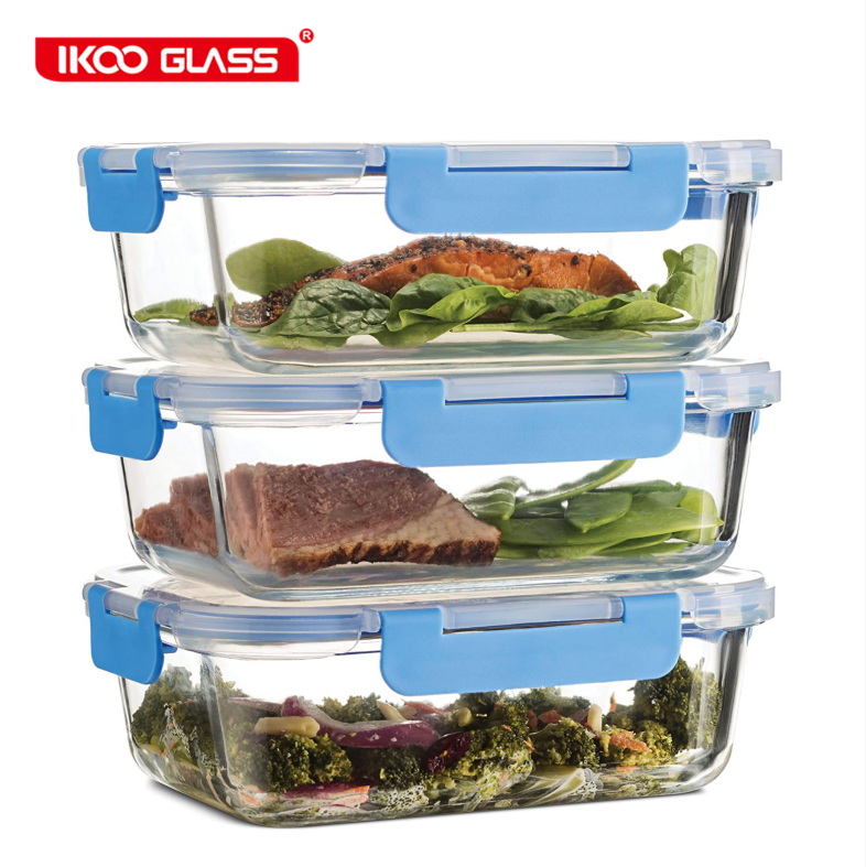 Newly Innovated Hinged Locking Lid 3PK Airtight Glass Food Containers With Lids 1035ml Freezer to Oven Safe Lunch Box