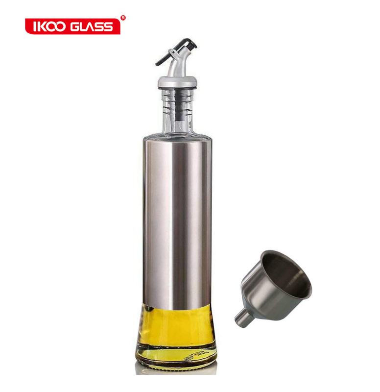 IKOO hot sale stainless steel glass oil dispenser bottle Pouring Spouts Soy Sauce Container for Kitchen