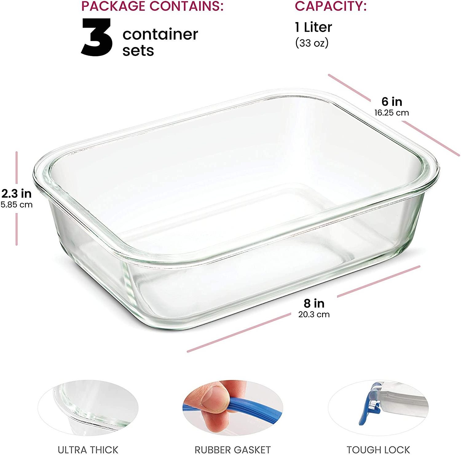 Newly Innovated Hinged Locking Lid 3PK Airtight Glass Food Containers With Lids 1035ml Freezer to Oven Safe Lunch Box