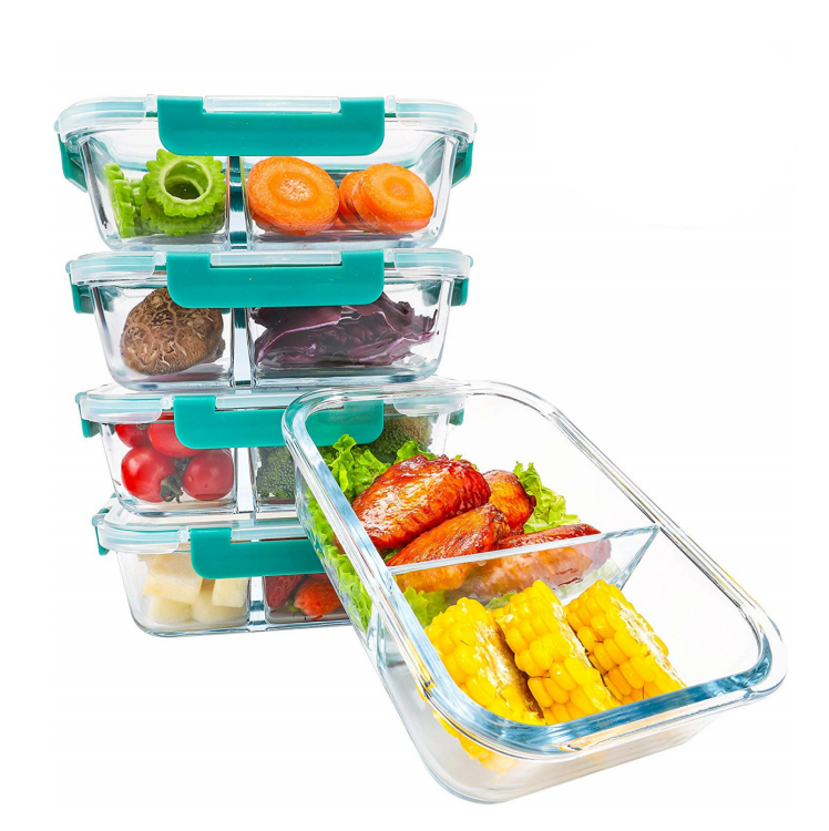 Eco friendly leakproof glass food storage compartment lunch box with lock lid