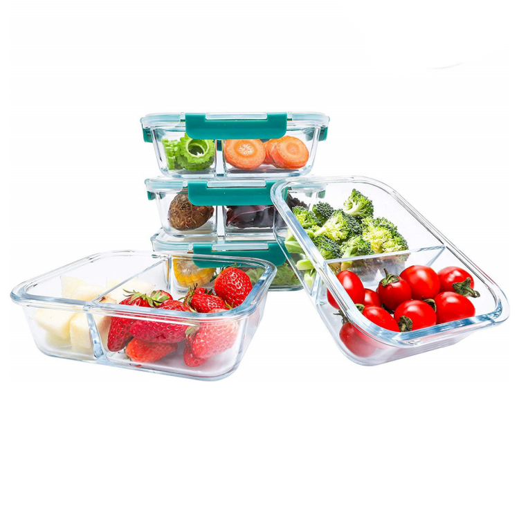 Eco friendly leakproof glass food storage compartment lunch box with lock lid