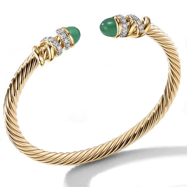 European and American fashion bracelet female braid steel wire rope inlaid stone stainless steel 18K gold opening bracelet