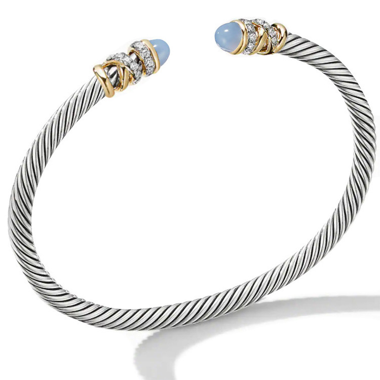 European and American fashion bracelet female braid steel wire rope inlaid stone stainless steel 18K gold opening bracelet