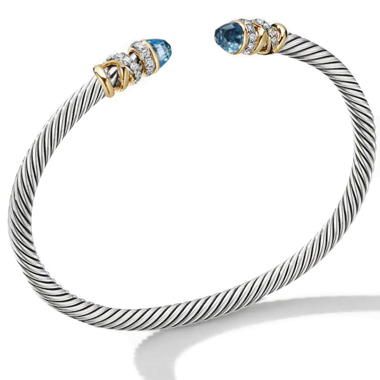 European and American fashion bracelet female braid steel wire rope inlaid stone stainless steel 18K gold opening bracelet