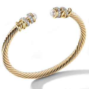 European and American fashion bracelet female braid steel wire rope inlaid stone stainless steel 18K gold opening bracelet