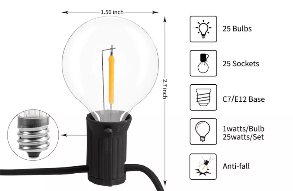 100ft G40 Garden Porch Party Led Globe Outdoor String Lights with Waterproof Shatterproof Edison Plastic Bulbs