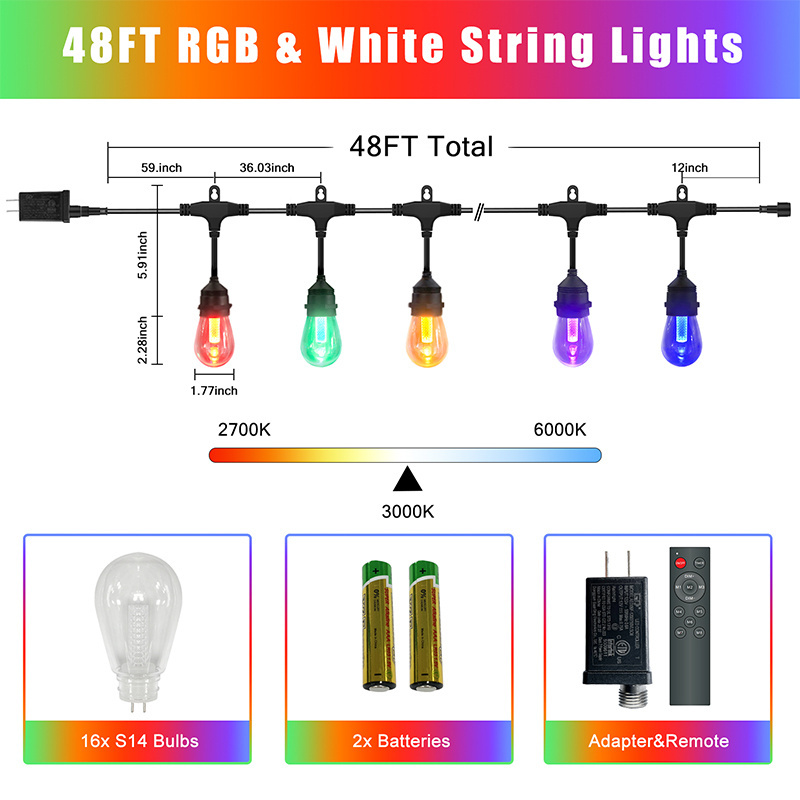 Outdoor String Lights 48ft 15 Bulbs RGB Patio Lights with Remote & APP Hanging Light