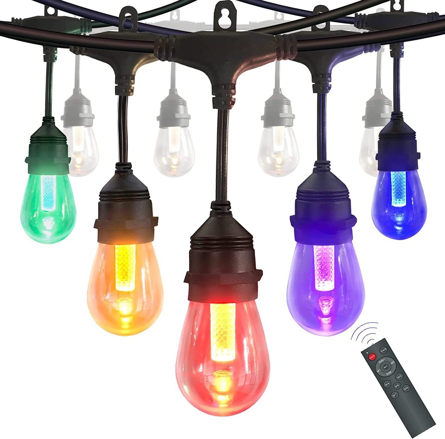 Outdoor String Lights 48ft 15 Bulbs RGB Patio Lights with Remote & APP Hanging Light