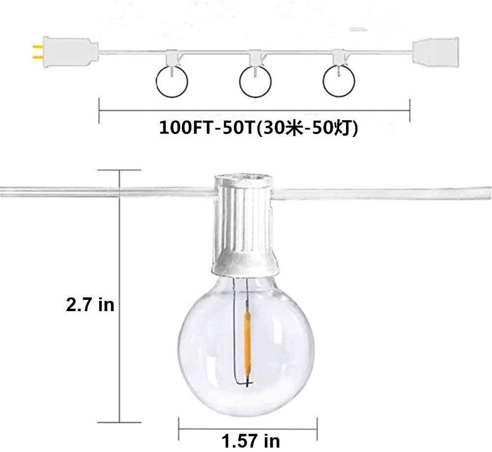 G40 Globe waterproof filament bulb 30m 50 light outdoor garden porch decorative string lights white wire