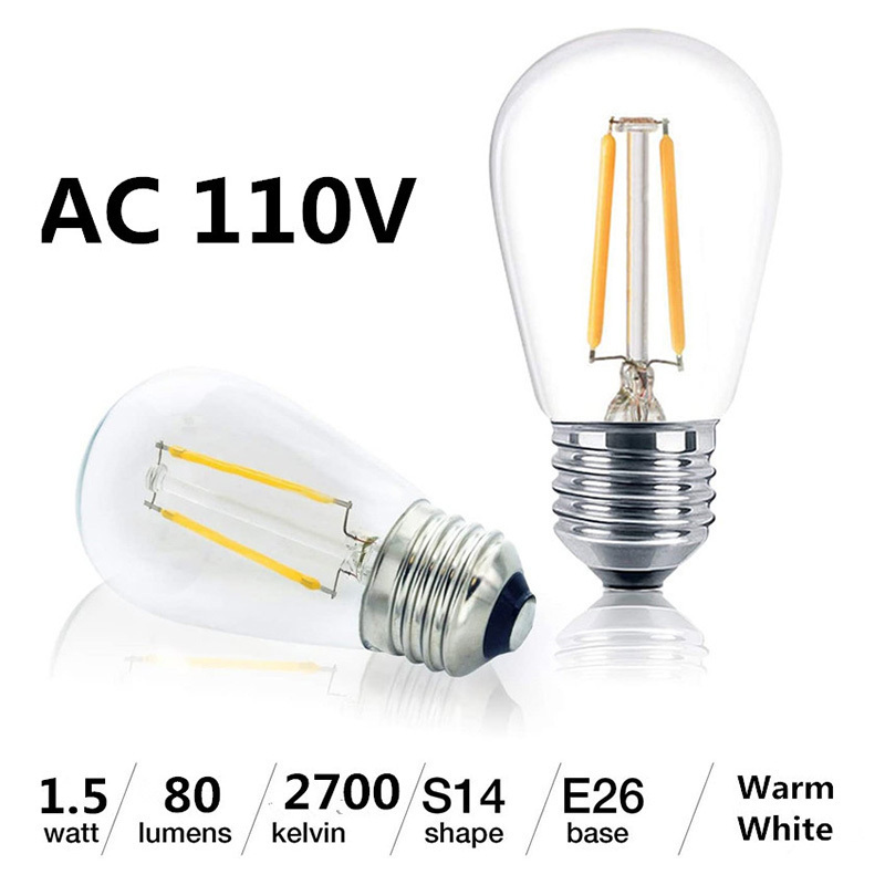 E27 E26 110V 2W S14 Led edison dimmable filament bulbs for outdoor string light