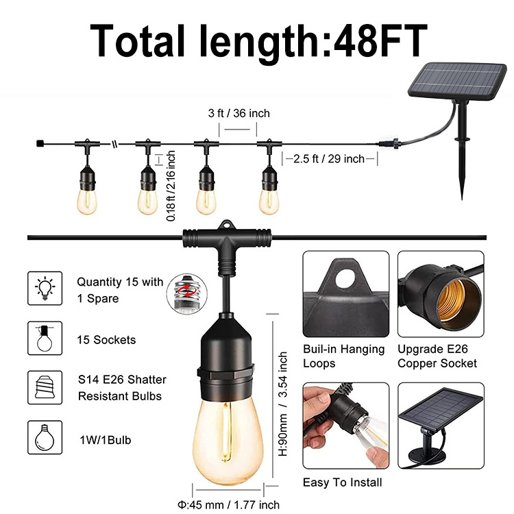 48FT christmas outdoor waterproof fairy lights battery operated s14 led solar string light hanging kit with shatterproof bulbs