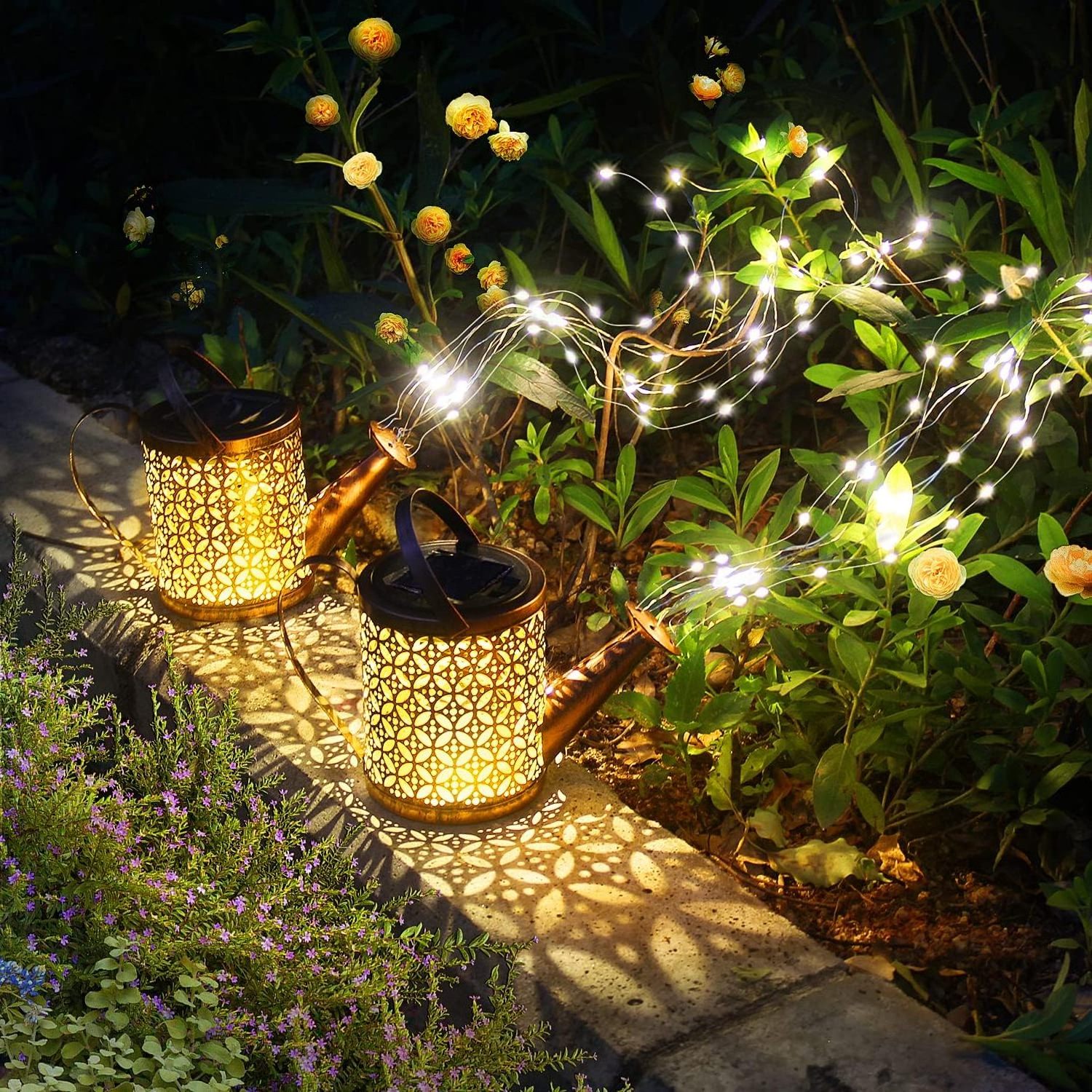 FREE SAMPLE Art Light LED Solar Waterfall Garden Light Outdoor Decorative Watering Can Garden Yard Decoration Stake Light