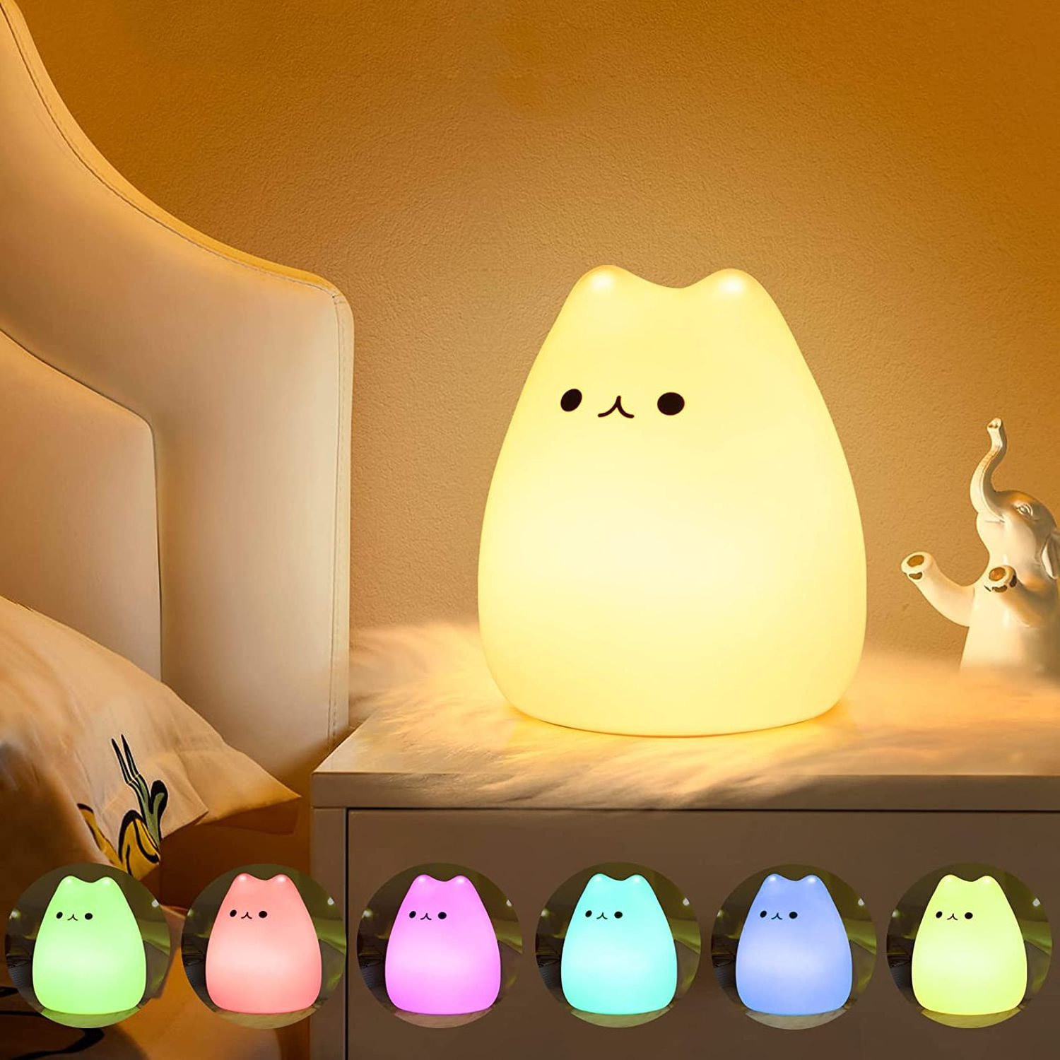 NIGHT LIGHT Cat Nursery Night Lights with Battery 7 Color Table Lamp with Remote Control LED Rechargeable for Baby Bedroom