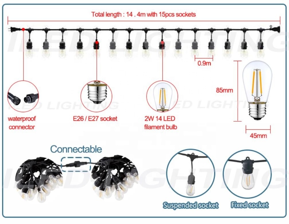 Popular Convenient connection Good quality LED festoon lighting vintage patio globe 48ft outdoor string light with 24 x e26