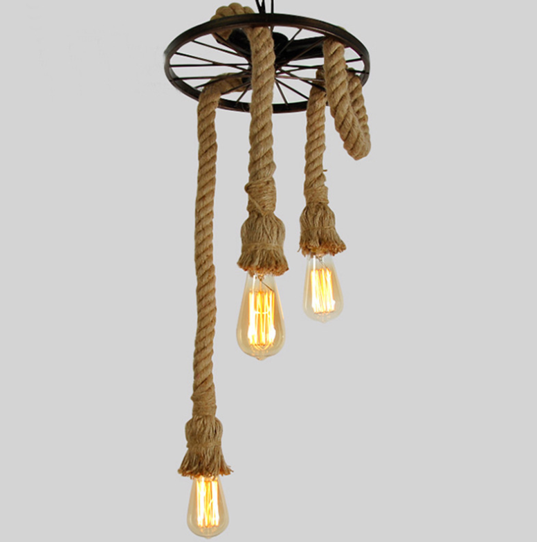 Vintage Loft American Hemp Rope Pendant Lamp Retro Industrial Hanging Lights Fixture Chandelier Luminaire Kitchen Room Lighting