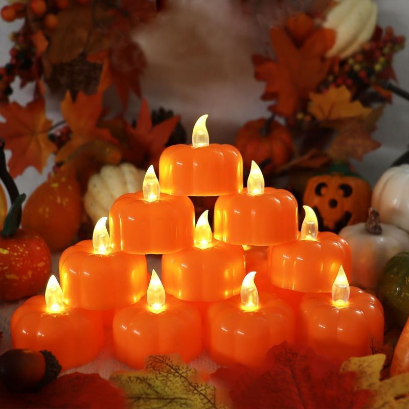 12 Pieces in Pumpkin Flameless Tea Light LED Candles Ghost Spider Mini Plastic Candle Battery Operated Warm Yellow for Halloween