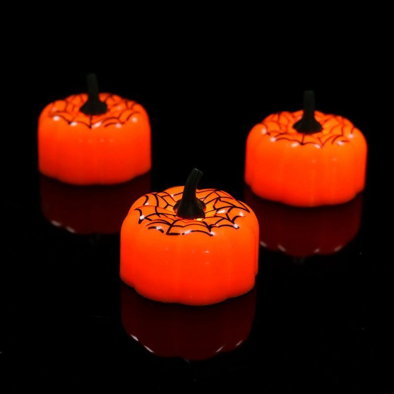 12 Pieces in Pumpkin Flameless Tea Light LED Candles Ghost Spider Mini Plastic Candle Battery Operated Warm Yellow for Halloween