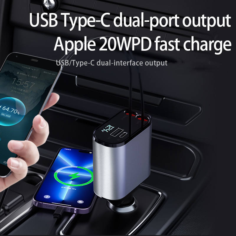 120w  4 in 1 car charger with dual Fast USB C Retractable Car Charger LED digital display Type C smart PD Car charging station