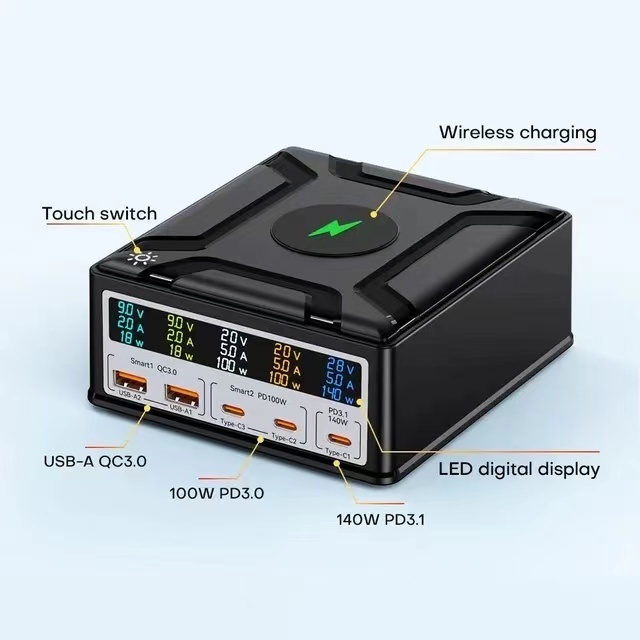 ILEPO 260W PD3.1 USB C Charging Station LCD Display 5 Port PD 140W 100W PPS 45W Super Fast Charging Station Desktop Charger