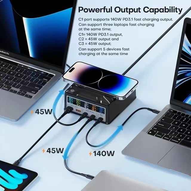 ILEPO 260W PD3.1 USB C Charging Station LCD Display 5 Port PD 140W 100W PPS 45W Super Fast Charging Station Desktop Charger