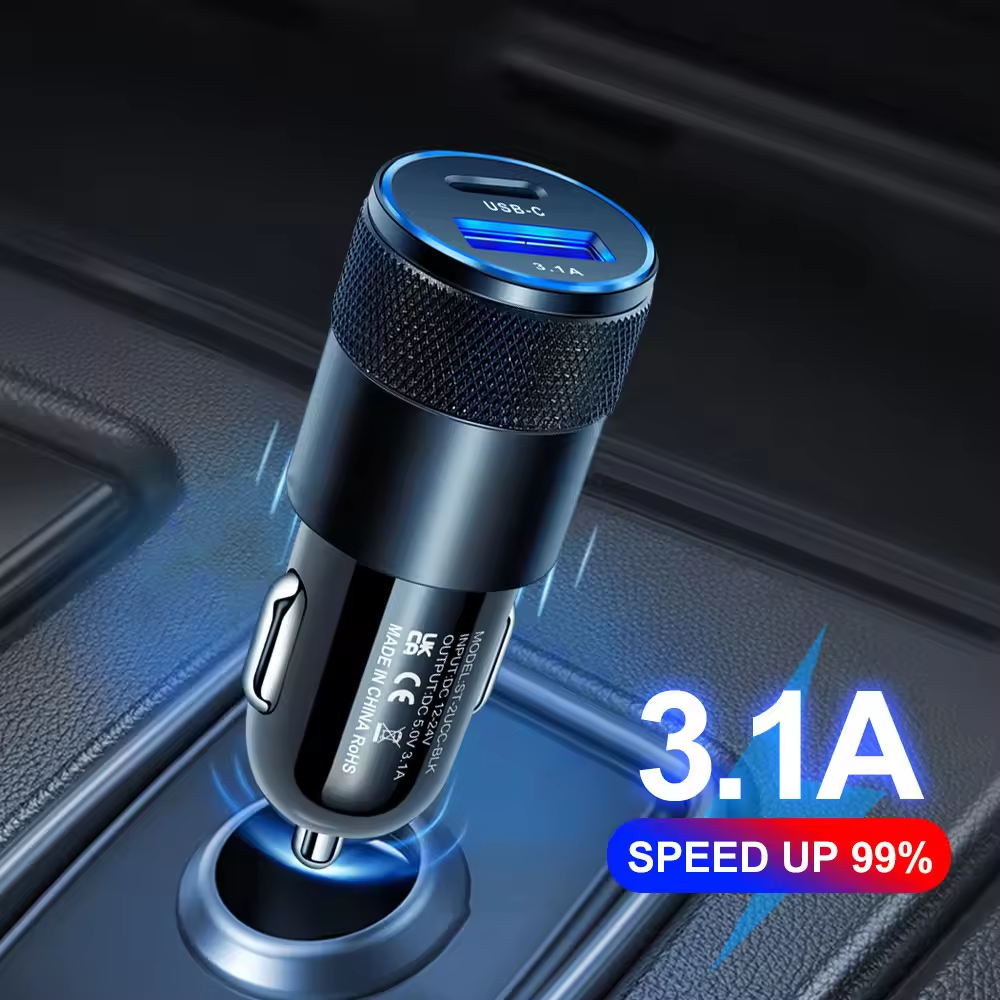 Car Charger 3.1A USB Type-C Fast Charging Mobile Phone Adapter USB-C PD Cell Phone Quick Charger for iPhone Pro Xiaomi Samsung