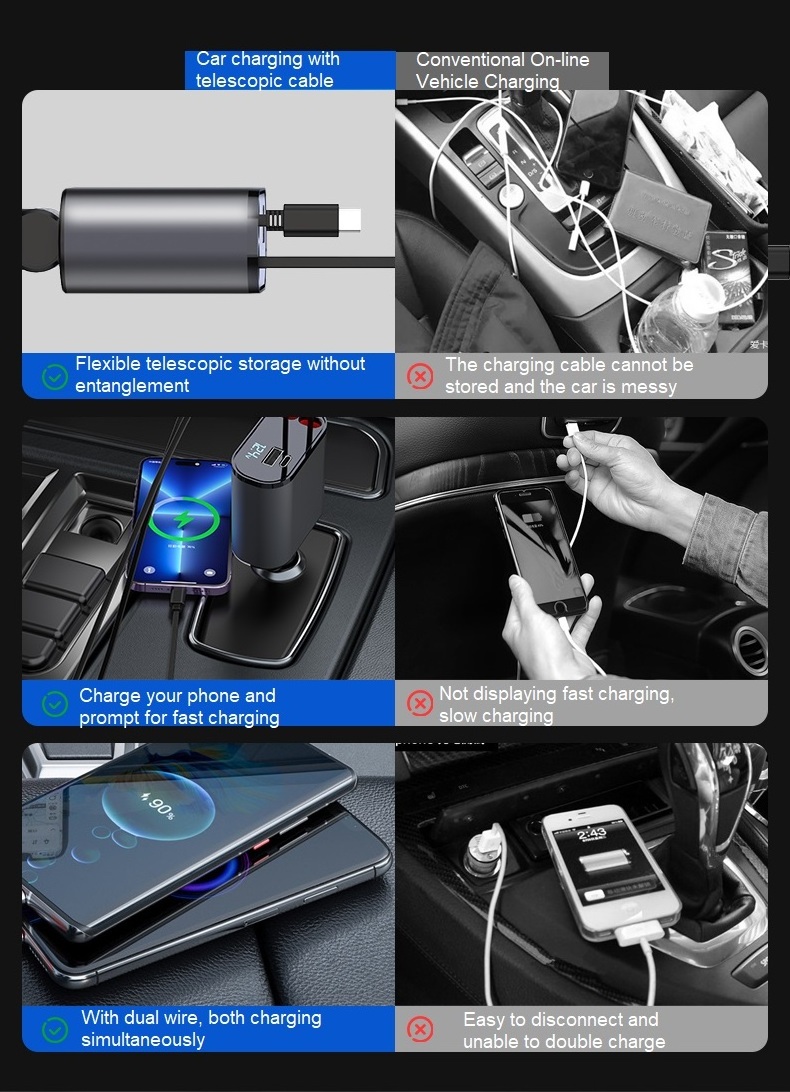 120w  4 in 1 car charger with dual Fast USB C Retractable Car Charger LED digital display Type C smart PD Car charging station