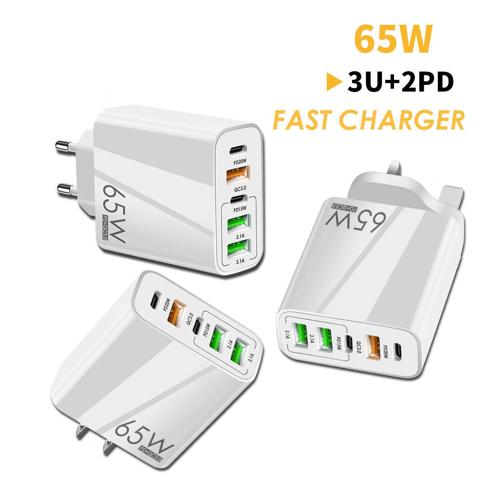 65w Pd Fast Charger Eu Us Uk 2 Type-c 3 Usb Port Multiple Output Adapter Mobile Phone Travel Wall Charger For Macbook