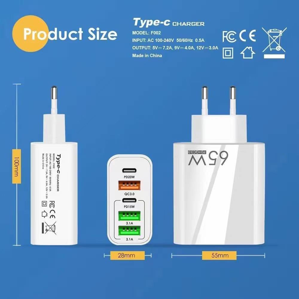 65w Pd Fast Charger Eu Us Uk 2 Type-c 3 Usb Port Multiple Output Adapter Mobile Phone Travel Wall Charger For Macbook