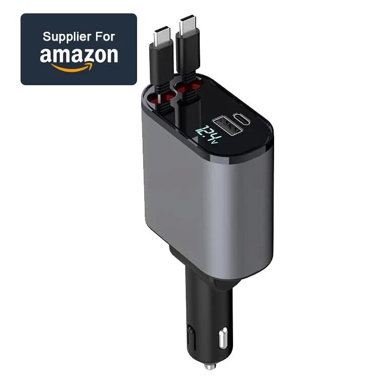 120w  4 in 1 car charger with dual Fast USB C Retractable Car Charger LED digital display Type C smart PD Car charging station