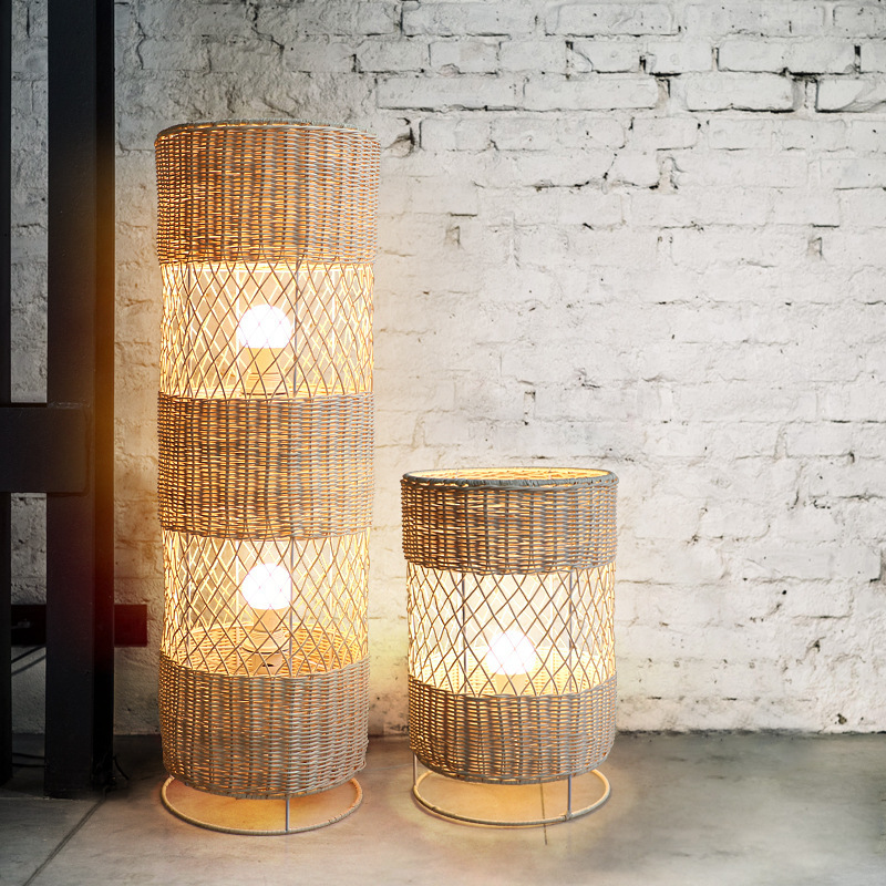 Japanese lantern design handmade rattan lampshade led floor standing lamp for living room decoration