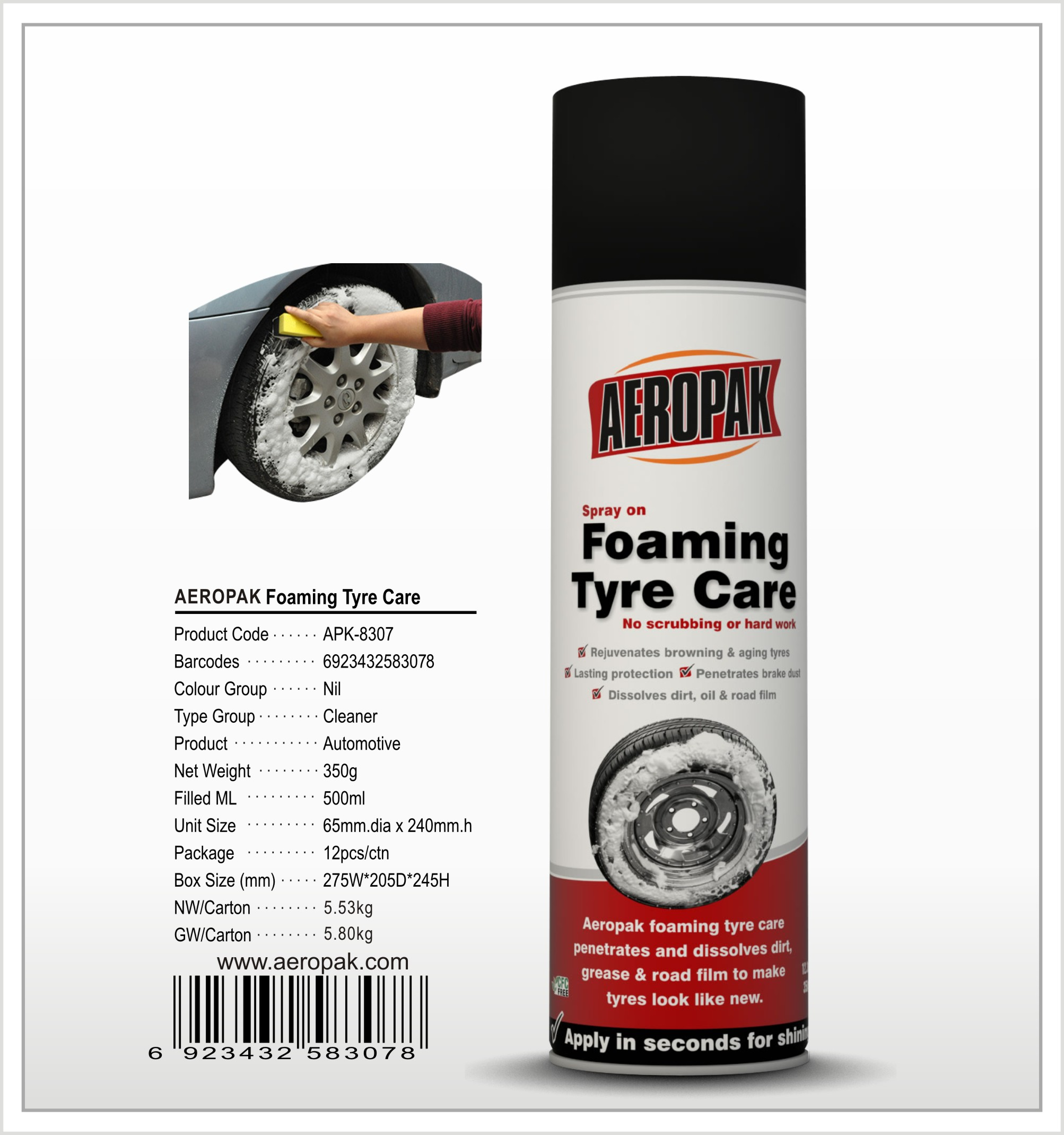 Aeropak Foaming Tyre Care Tyre Shine Tire Foaming Cleaner Spray for Car Washing