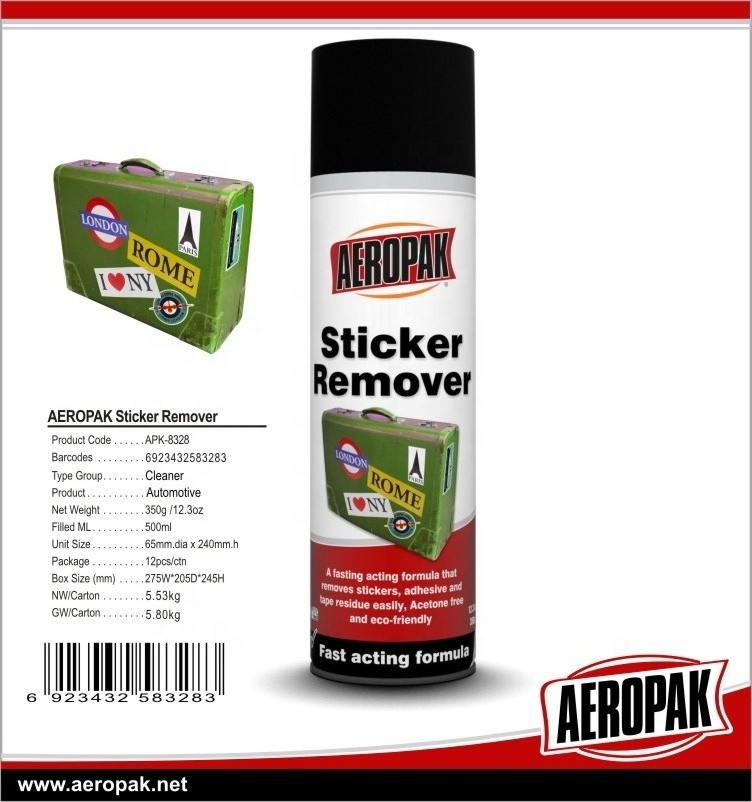 AEROPAK Sticker Remover Cleaner aerosol spray 500ml for dirt gum decals tape adhesive residue from glass chrome metals vehicle