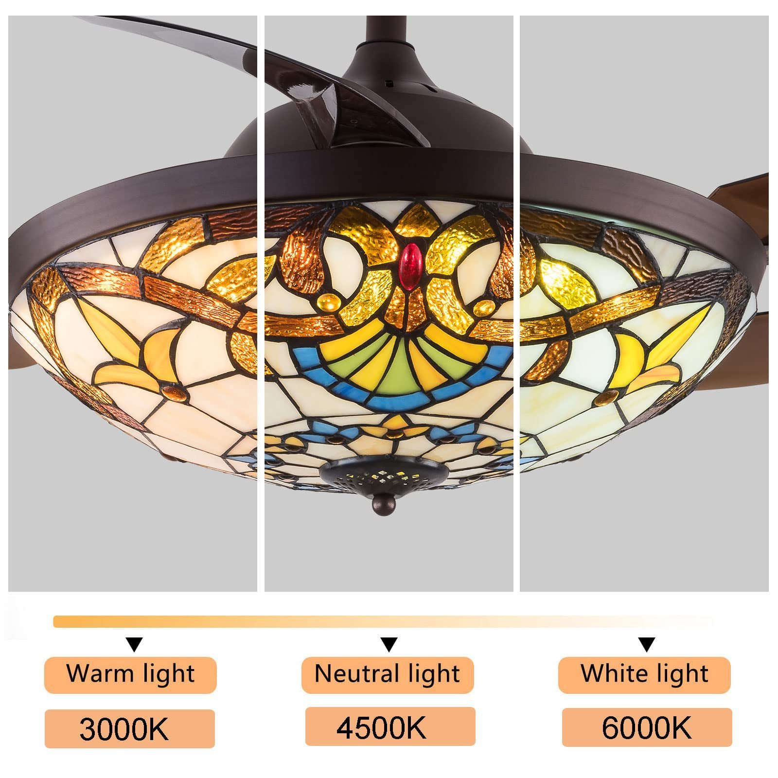 Tiffany Style 4 retractable brown bladed chandelier fan light 42 Inch Invisible Ceiling Fan with Remote Control