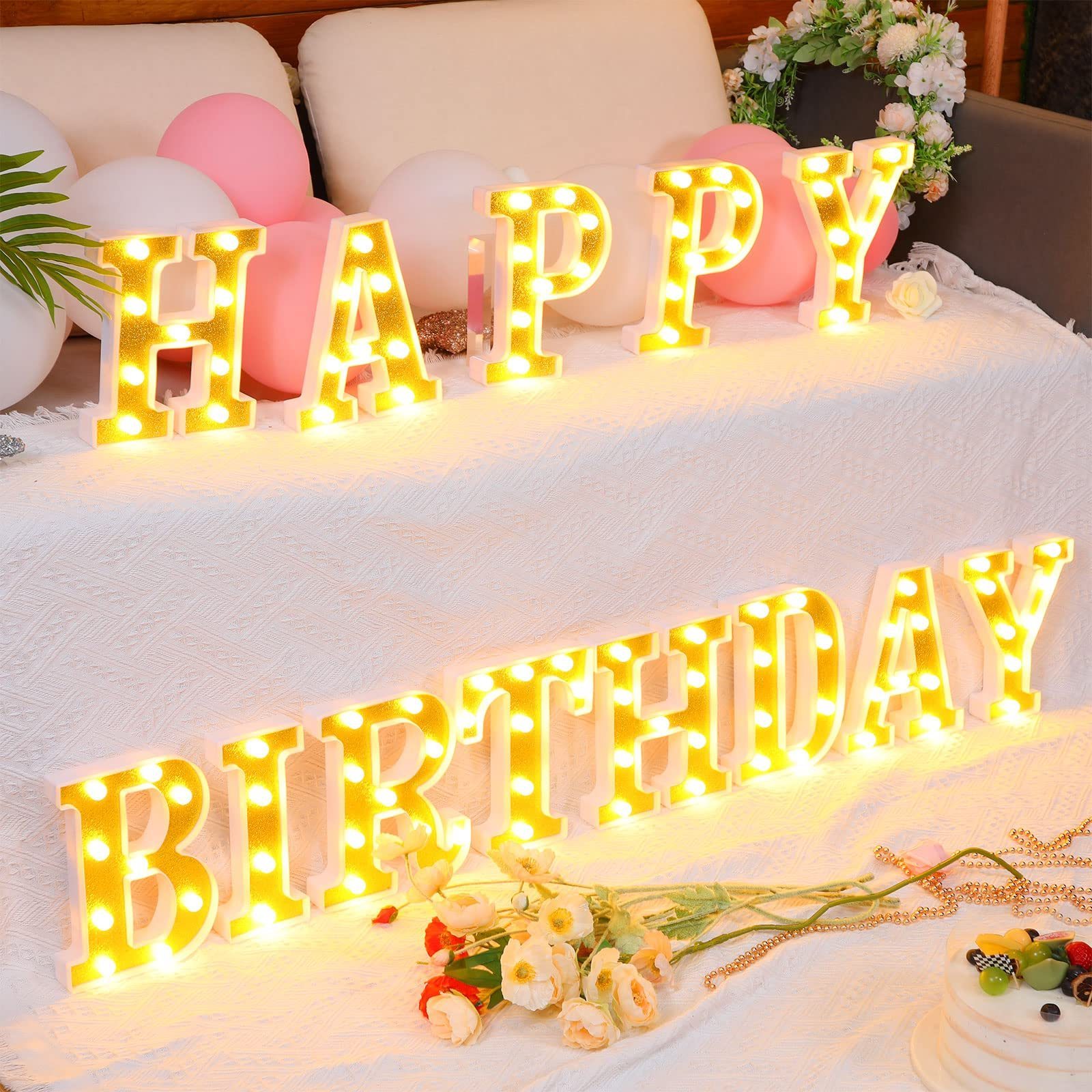 Bulbs Happy Birthday Marquee Light Up Letters Gold Glitter LED Happy Birthday Sign for Birthday Party Decoration Table